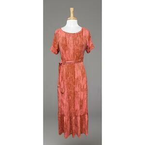New Directions Coral Red Tiered Belt Boho Maxi Dress Beachy Coastal Casual sz S